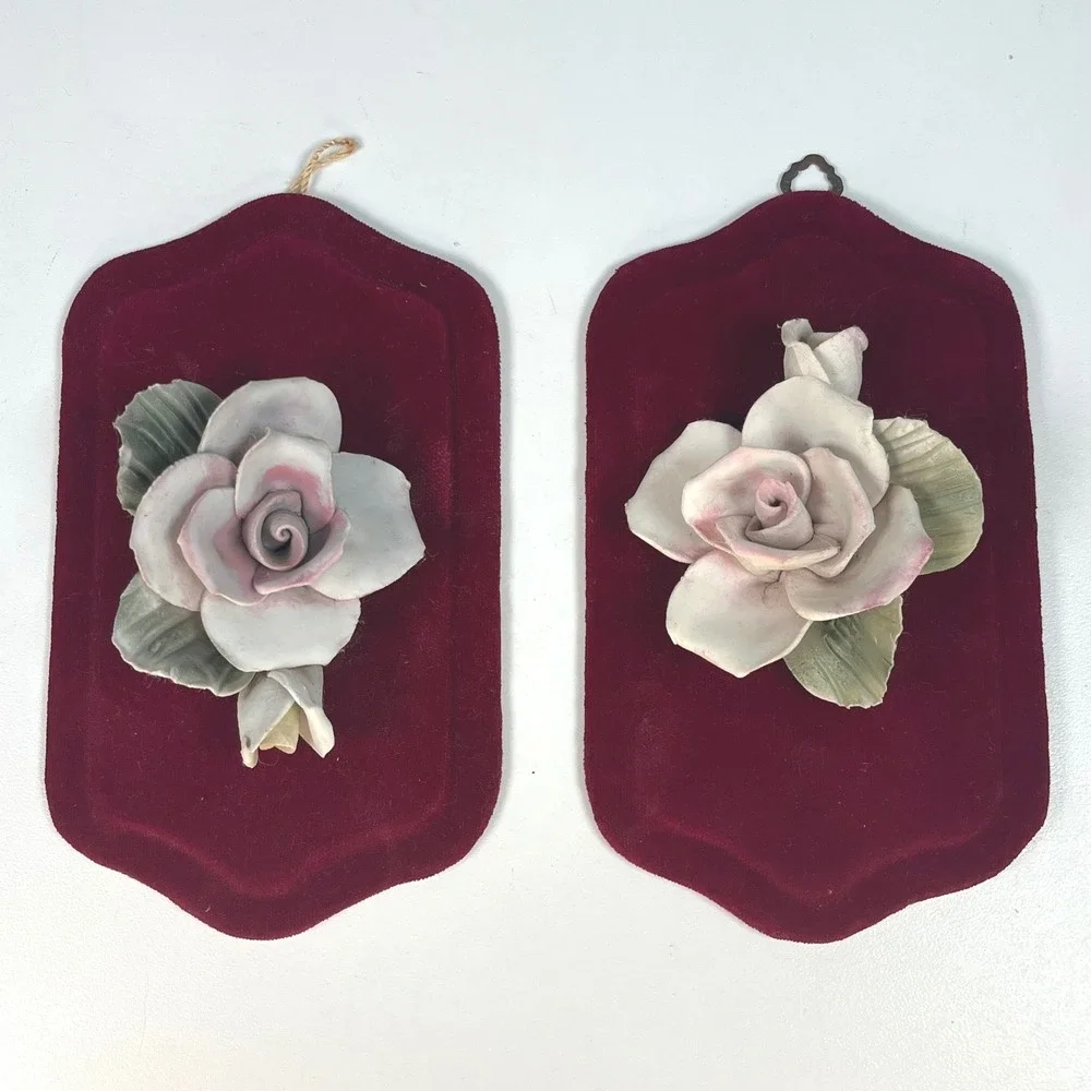 Vintage Ceramic Rose Wall Plaques Burgundy Velvet Italy Floral Pair 7 in x 4 in